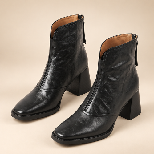 Ankle Boots with Square Toe and Block Heel in Crinkled Faux Leather 0