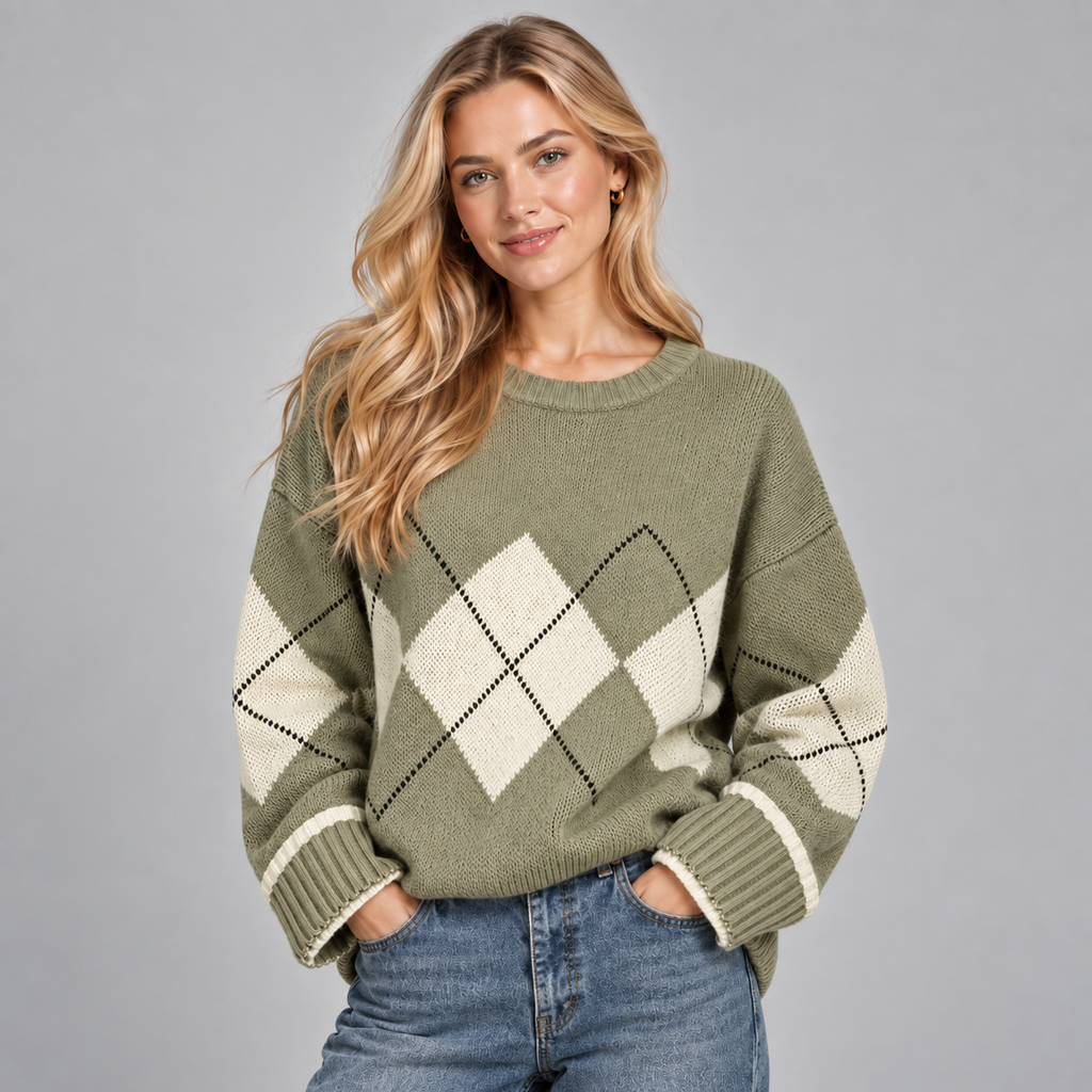 Argyle Jumper Women Green Oversized Crew Neck Cotton Blend 0