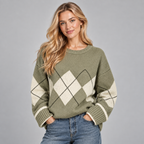 Argyle Jumper Women Green Oversized Crew Neck Cotton Blend 0