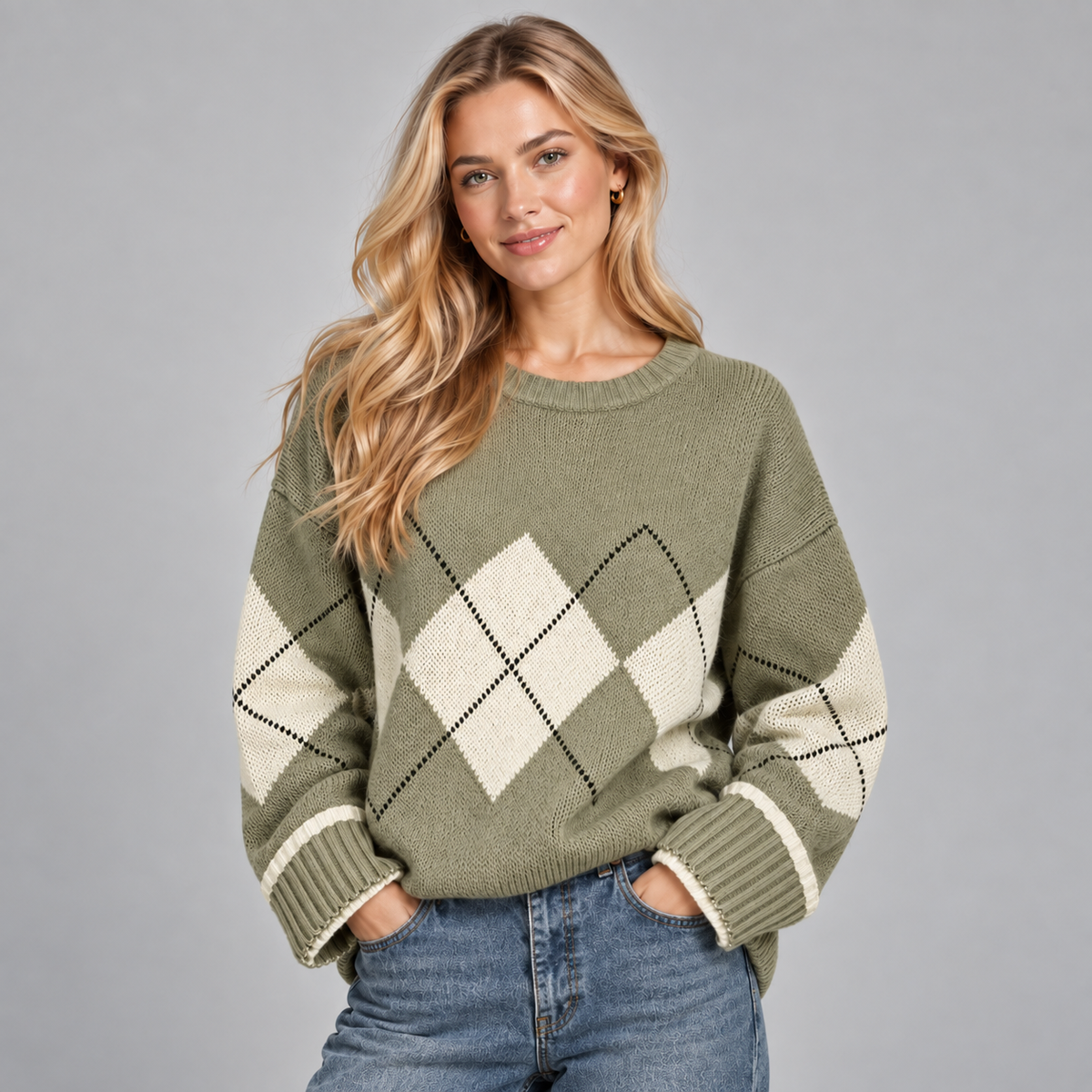 Argyle Jumper Women Green Oversized Crew Neck Cotton Blend 0