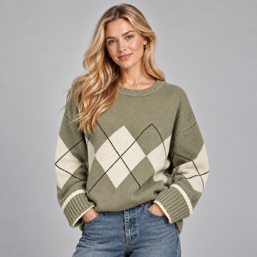 Argyle Jumper Women Green Oversized Crew Neck Cotton Blend 0