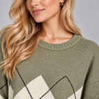 Argyle Jumper Women Green Oversized Crew Neck Cotton Blend 1