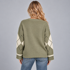 Argyle Jumper Women Green Oversized Crew Neck Cotton Blend 2