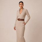 Beige Tailored V-Neck Midi Dress with Belted Waist Design 0