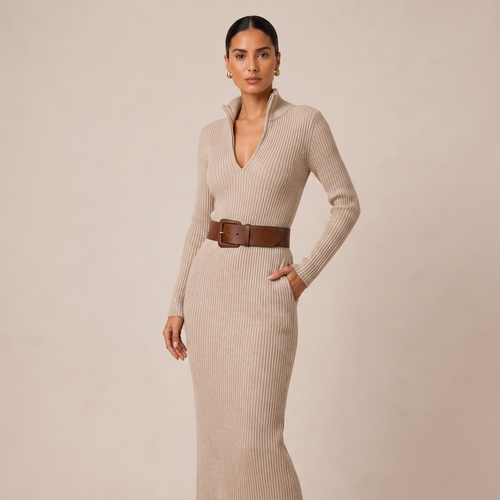 Beige Tailored V-Neck Midi Dress with Belted Waist Design 0