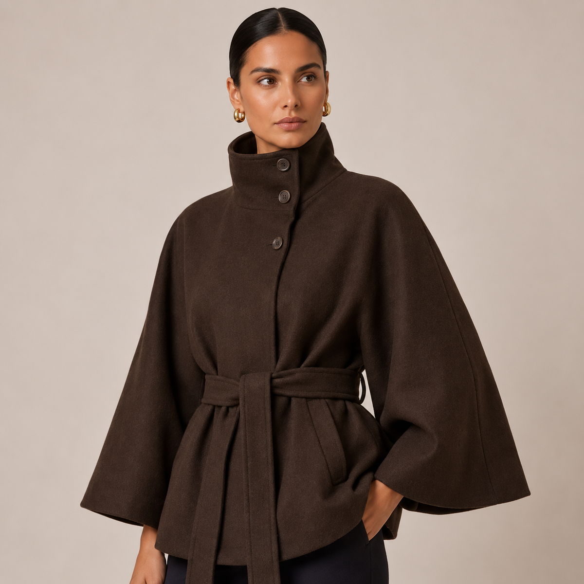Belted Cape Coat with High Neck Relaxed Fit for Women 0