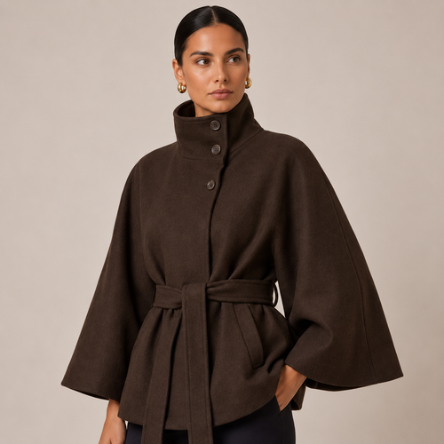 Belted Cape Coat with High Neck Relaxed Fit for Women 0
