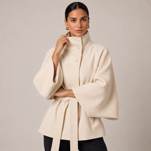 Belted Cape Coat with High Neck Relaxed Fit for Women 1
