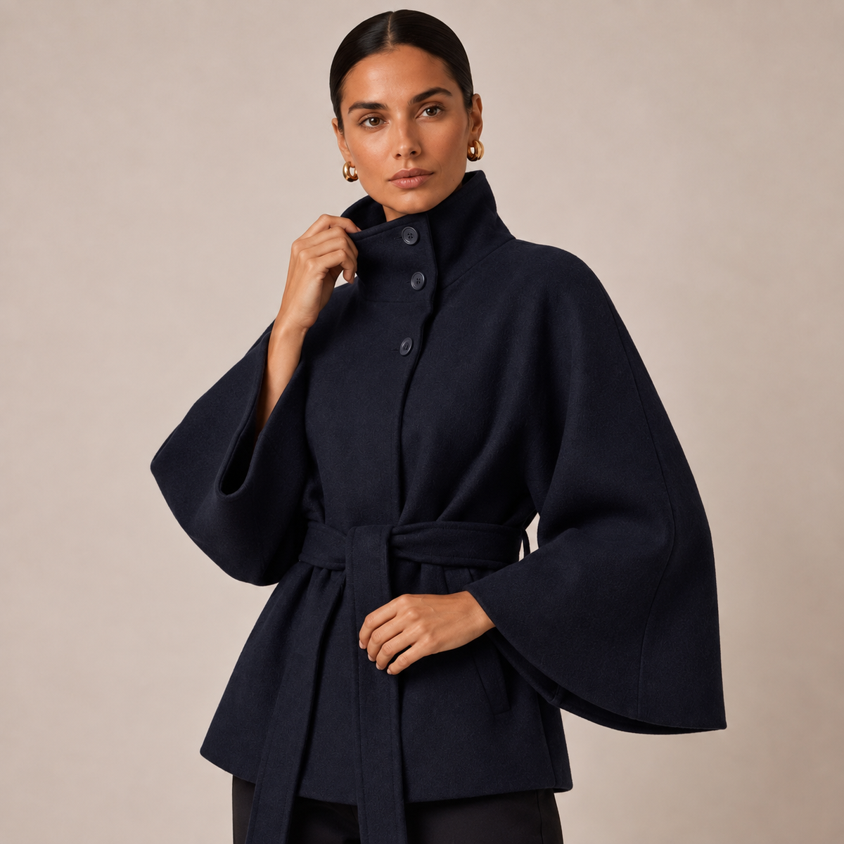 Belted Cape Coat with High Neck Relaxed Fit for Women 2