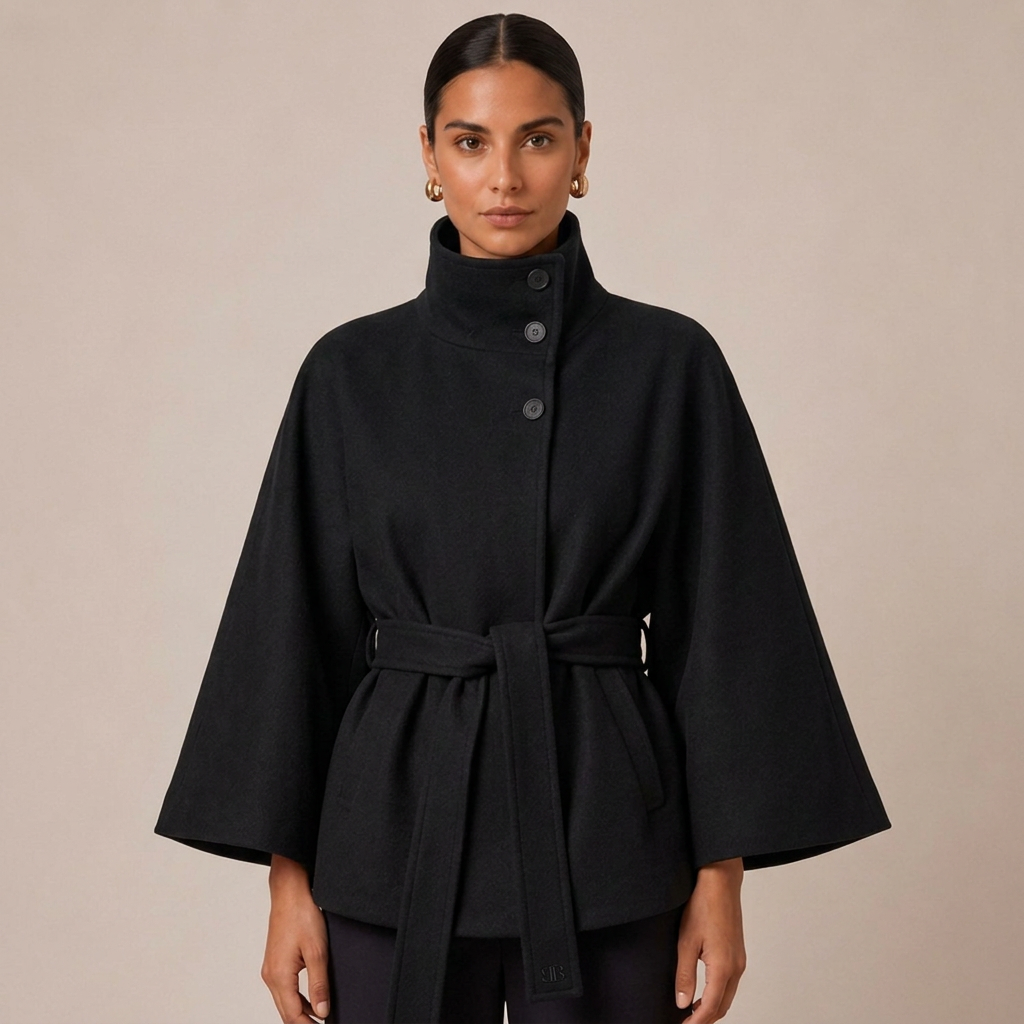 Belted Cape Coat with High Neck Relaxed Fit for Women 3