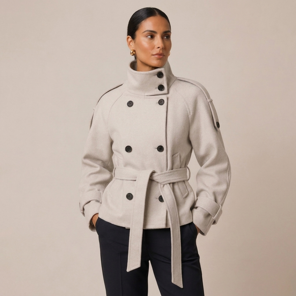 Belted Double-Breasted Pea Coat with High Neck 0
