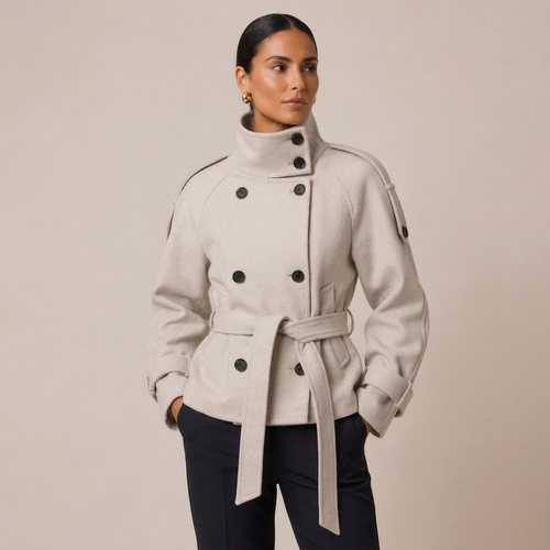 Belted Double-Breasted Pea Coat with High Neck 0