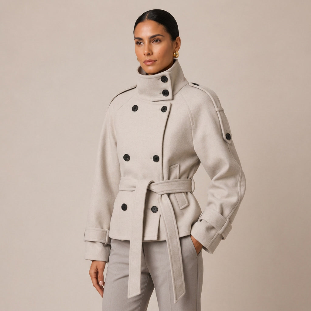 Belted Double-Breasted Pea Coat with High Neck 2