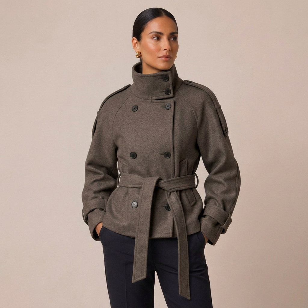 Belted Double-Breasted Pea Coat with High Neck 3