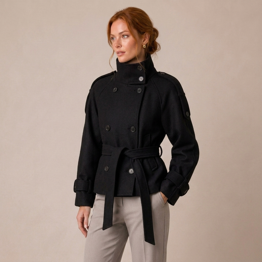 Belted Double-Breasted Pea Coat with High Neck 4
