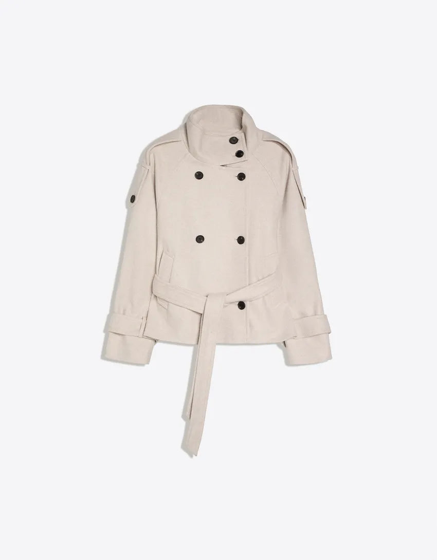 Belted Double-Breasted Pea Coat with High Neck 5