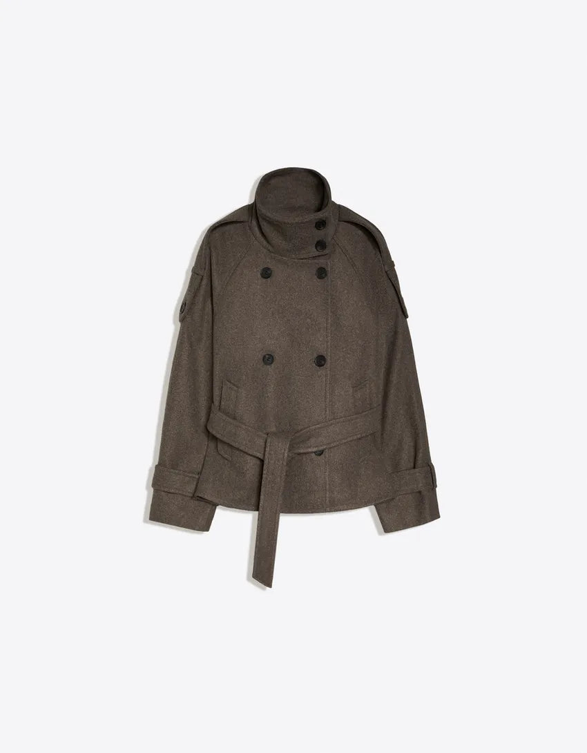 Belted Double-Breasted Pea Coat with High Neck 7