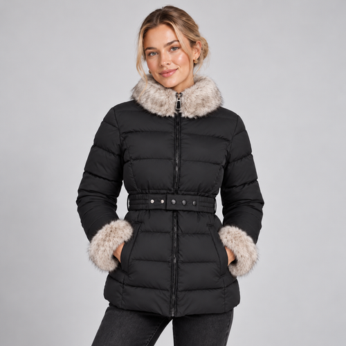 Belted Winter Puffer Jacket Women with Faux Fur Collar and Cuffs 0