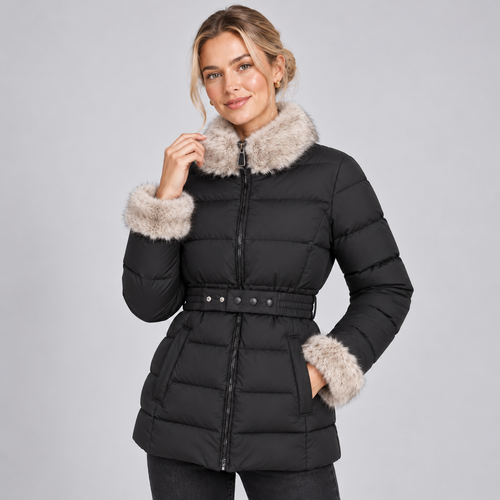 Belted Winter Puffer Jacket Women with Faux Fur Collar and Cuffs 1