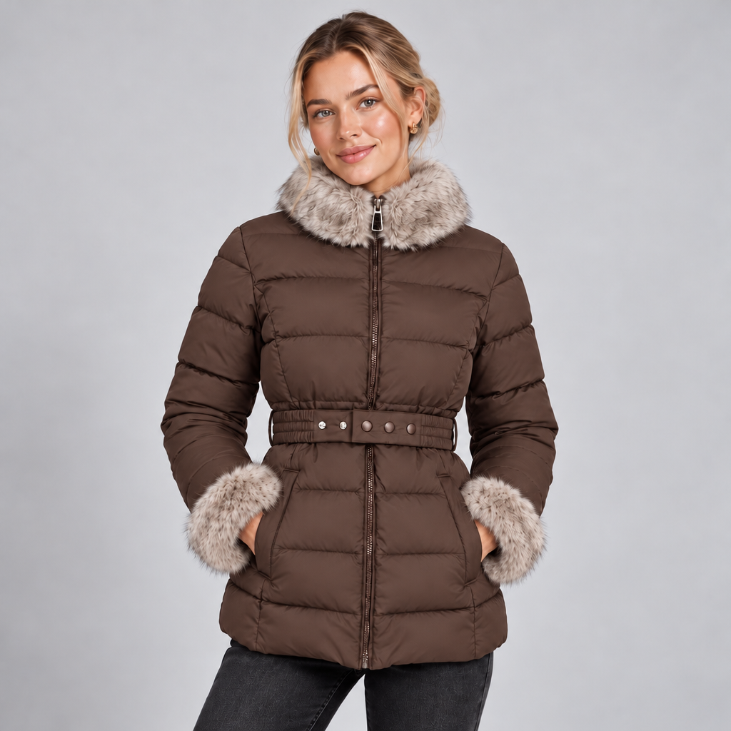 Belted Winter Puffer Jacket Women with Faux Fur Collar and Cuffs 3
