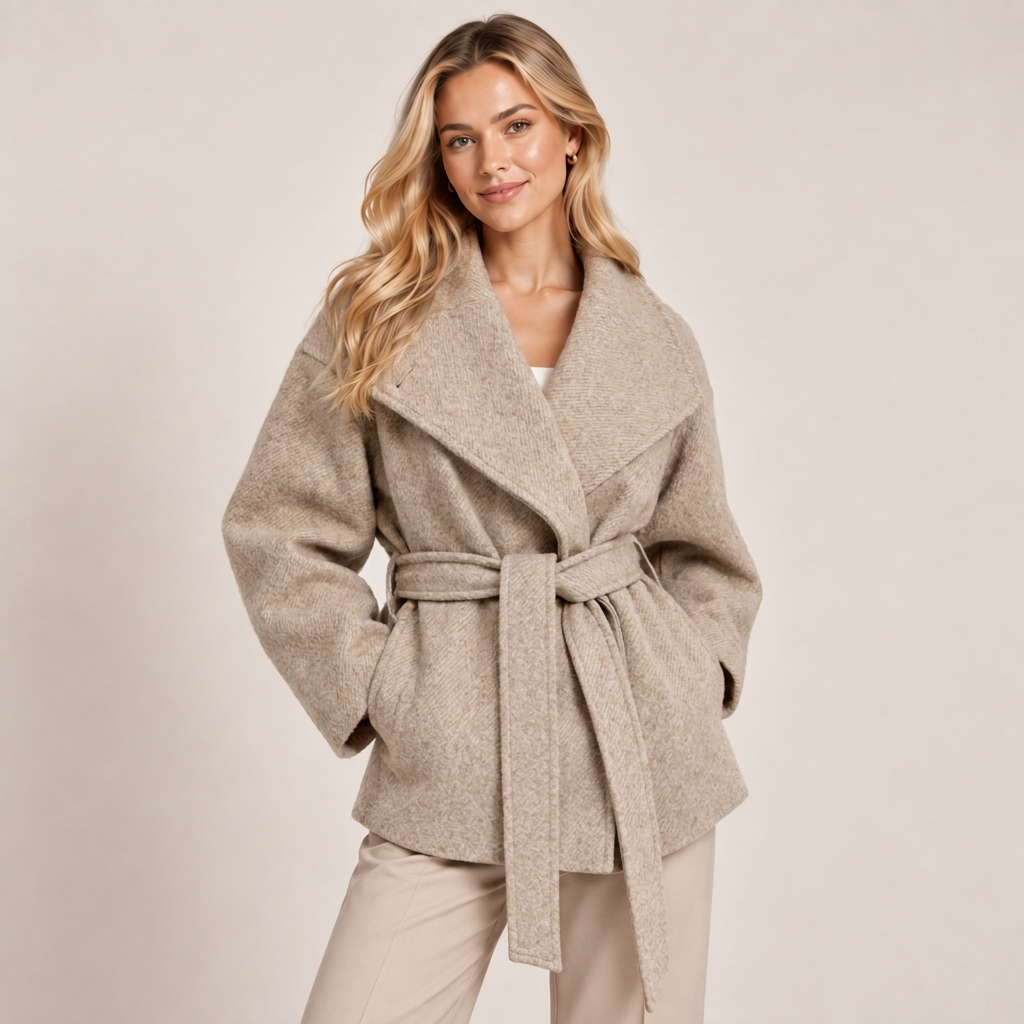 Belted Wool Blend Wrap Coat with Wide Collar 0