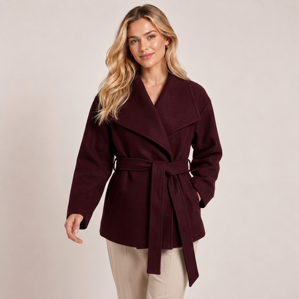 Belted Wool Blend Wrap Coat with Wide Collar 3