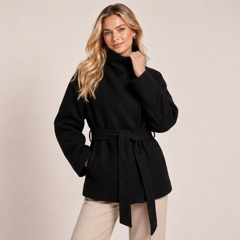 Belted Wool Blend Wrap Coat with Wide Collar 4