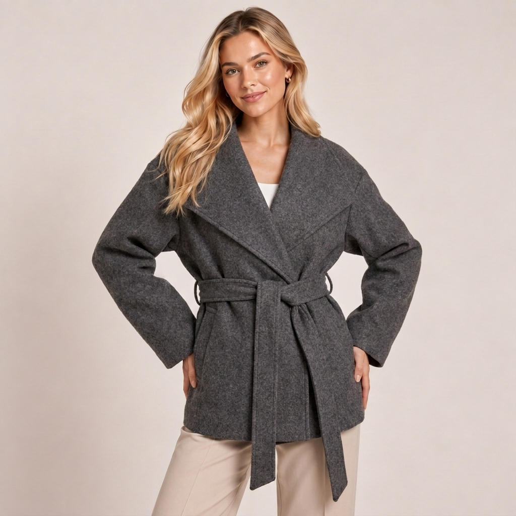 Belted Wool Blend Wrap Coat with Wide Collar 6