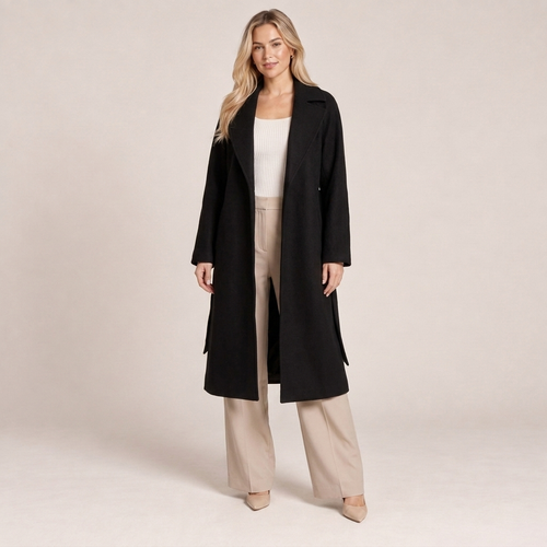 Belted Wool Coat Women Longline Wrap Front 0
