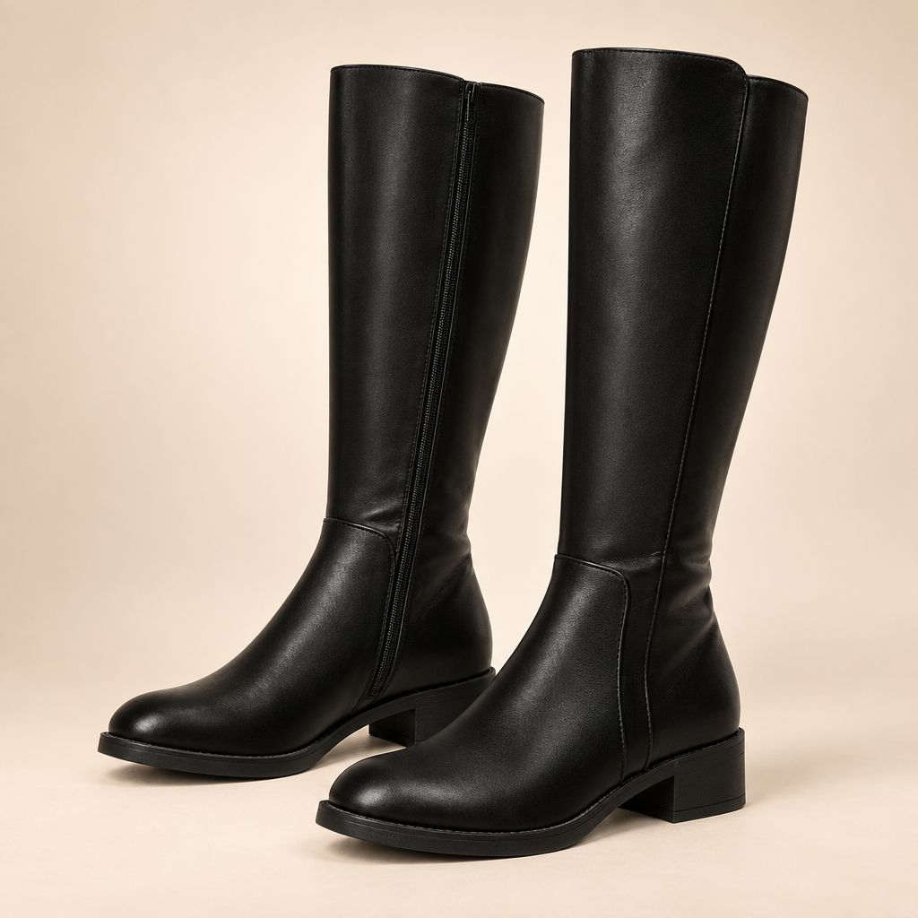 Black Knee High Boots Faux Leather Block Heel Round Toe Side Zip 0