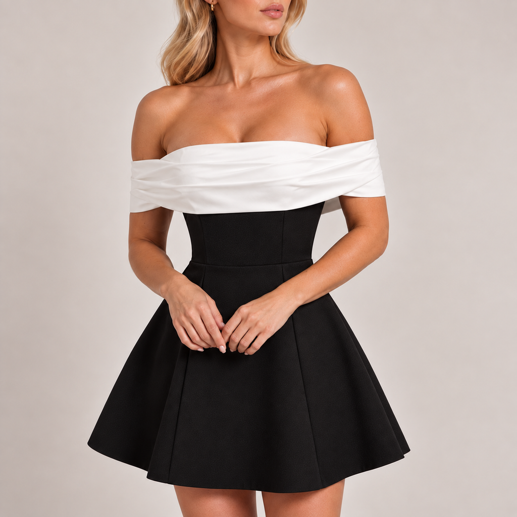 Black Off Shoulder Cocktail Mini Dress A-Line with Satin Bow Back 4