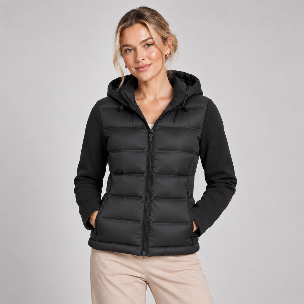 Black Puffer Jacket Women Hooded Quilted Short Fitted 0