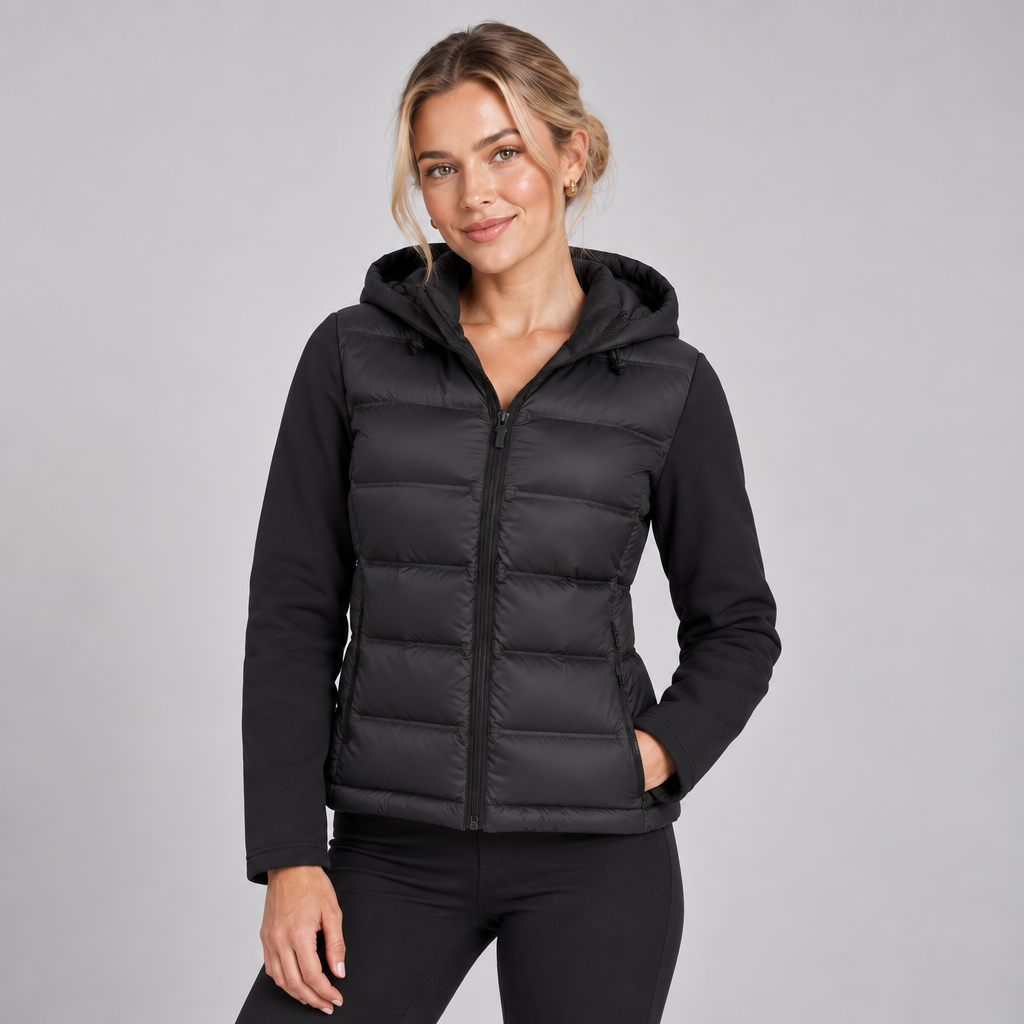 Black Puffer Jacket Women Hooded Quilted Short Fitted 2