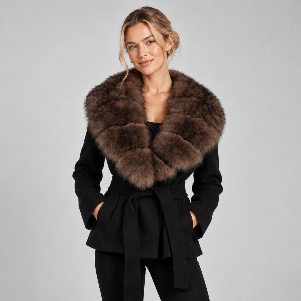 Black Wool Coat Women Short Belted with Faux Fur Collar 0