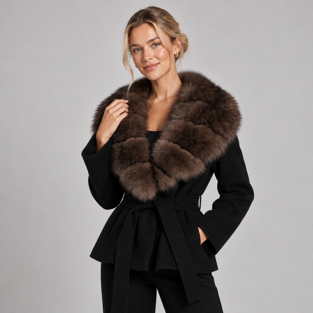 Black Wool Coat Women Short Belted with Faux Fur Collar 1