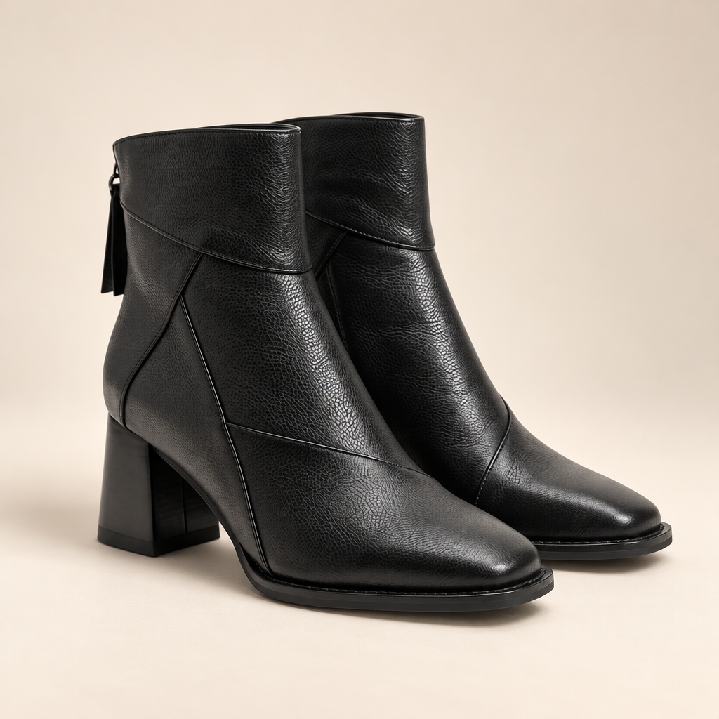 Block Heel Ankle Boots Square Toe in Faux Leather with Back Zip 0