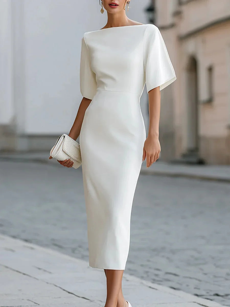 Women's Elegant Boat Neck Midi Dress – Short Sleeve Formal Cocktail Dr – Nausin