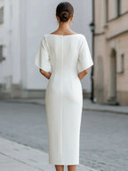 Women’s Elegant Boat Neck Midi Dress – Short Sleeve Formal Cocktail Dress-Dress-White-S-Nausin