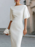 Women’s Elegant Boat Neck Midi Dress – Short Sleeve Formal Cocktail Dress-Dress-White-S-Nausin