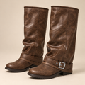 Brown Fold Over Knee High Boots with Buckle and Low Block Heel 0