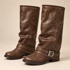 Brown Fold Over Knee High Boots with Buckle and Low Block Heel 0