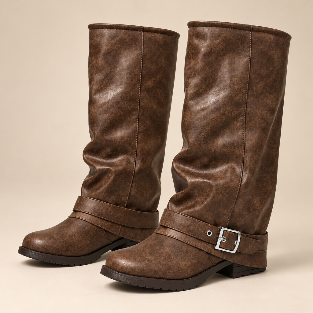 Brown Fold Over Knee High Boots with Buckle and Low Block Heel 0