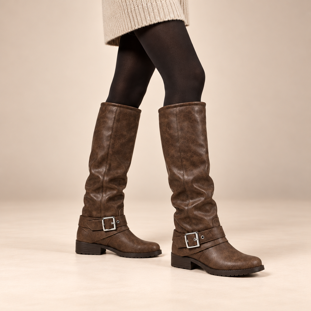 Brown Fold Over Knee High Boots with Buckle and Low Block Heel 1