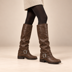 Brown Fold Over Knee High Boots with Buckle and Low Block Heel 1