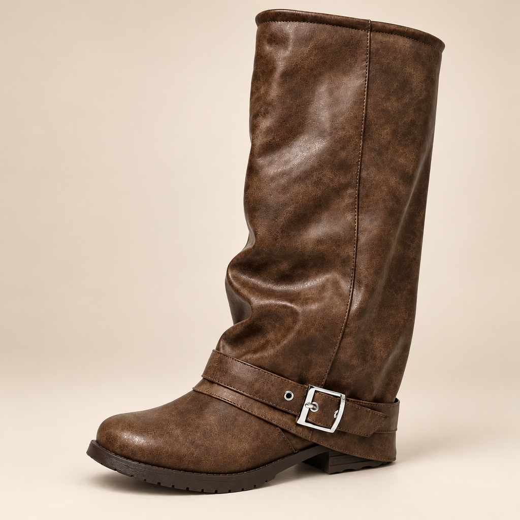 Brown Fold Over Knee High Boots with Buckle and Low Block Heel 2
