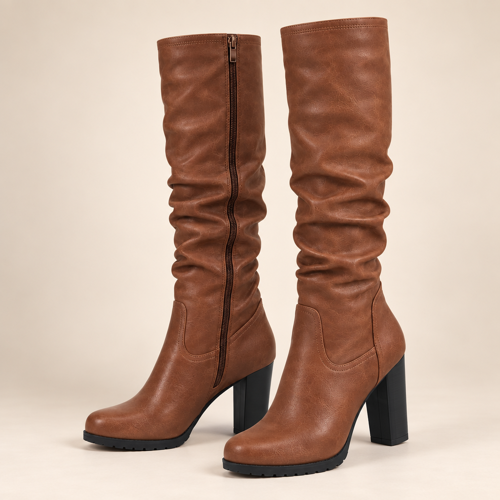 Brown Knee High Boots Faux Leather Chunky Block Heel Inside Zip 0