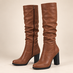 Brown Knee High Boots Faux Leather Chunky Block Heel Inside Zip 0