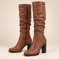 Brown Knee High Boots Faux Leather Chunky Block Heel Inside Zip 2