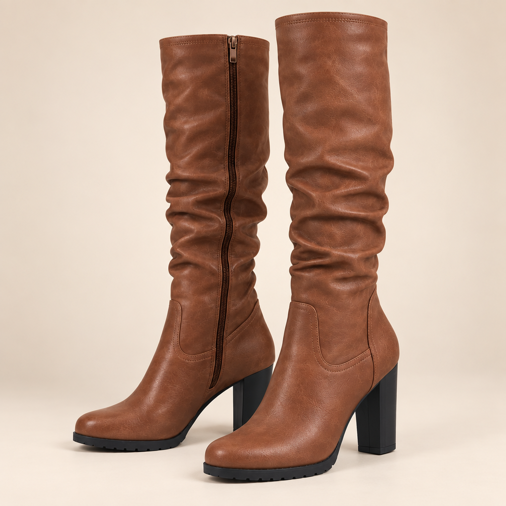 Brown Knee High Boots Faux Leather Chunky Block Heel Inside Zip 2