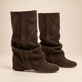 Brown Knee High Boots Slouchy with Hidden Heel in Faux Leather 0